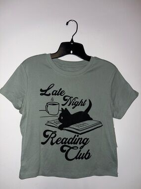 Mighty Fine Sage Green 'Late Night Reading Club' Cat Graphic Tee